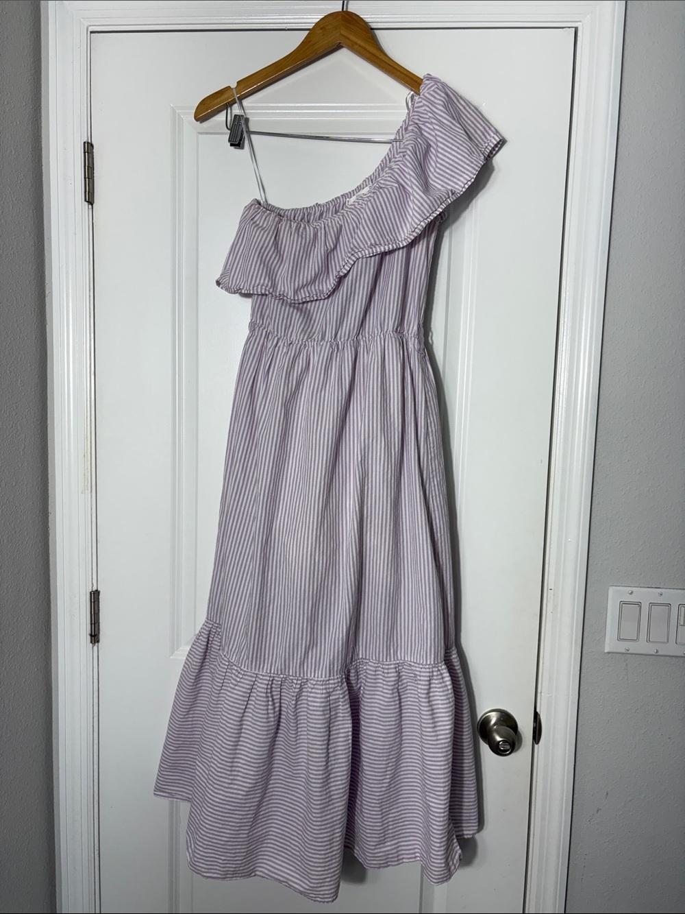 Mango One-Shoulder Lavender & White Stripe Midi Dress
